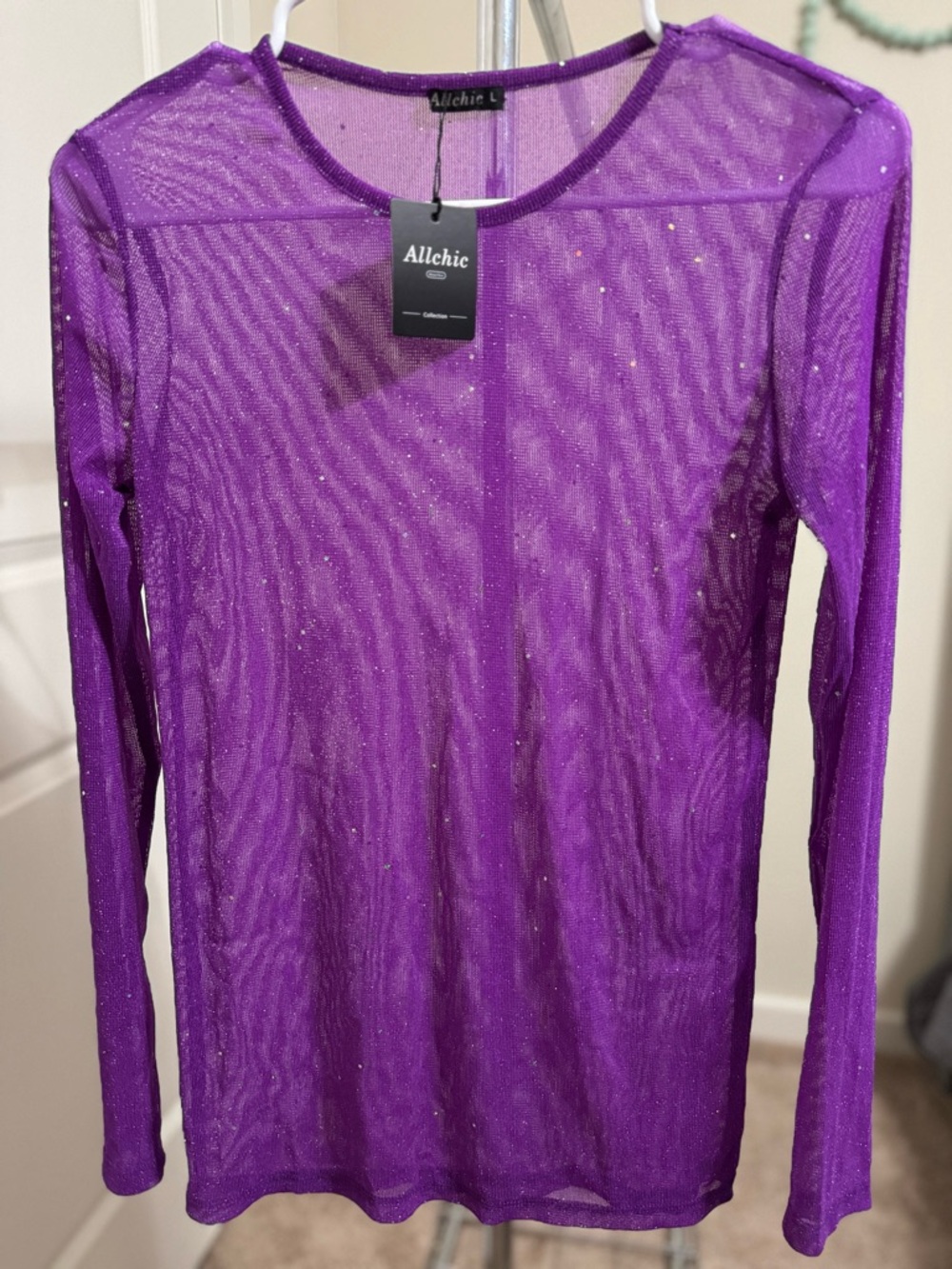 Allchic Sheer Sparkle Long Sleeve Top - Purple